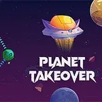 Planete colorate conectate prin linii triunghiulare, un OZN în dreapta sus și titlul Planet Takeover pe un fundal spațial