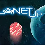 Textul luminescent PLANET UP deasupra unei forme cilindrice roz, înconjurat de două planete albastre