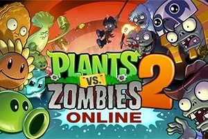 Ilustrație cu personaje animate de plante și zombi în culori vii, înconjurând un titlu central