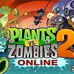 Ilustrație cu personaje animate de plante și zombi în culori vii, înconjurând un titlu central