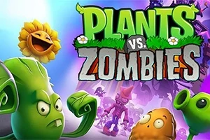 Ilustrație cu personaje animate incluzând un floarea-soarelui zâmbitor, un mazăre aruncător, o nucă și un zombi, pe un fundal colorat cu logo-ul jocului