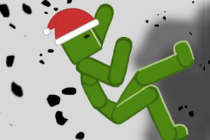 Figurină verde, stilizată, purtând o căciulă de Moș Crăciun, în fața unui fundal gri cu fragmente negre