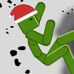 Figurină verde, stilizată, purtând o căciulă de Moș Crăciun, în fața unui fundal gri cu fragmente negre