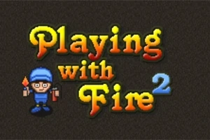 Text colorat Playing with Fire 2 pe un fundal întunecat, cu un personaj în albastru ținând o torță și un obiect pe fundalul său
