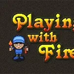 Text colorat Playing with Fire 2 pe un fundal întunecat, cu un personaj în albastru ținând o torță și un obiect pe fundalul său