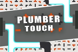 Textul „Plumber Touch” pe un fundal cu țevi și valve într-o schemă de culori alb, gri, negru și portocaliu