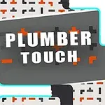 Textul „Plumber Touch” pe un fundal cu țevi și valve într-o schemă de culori alb, gri, negru și portocaliu