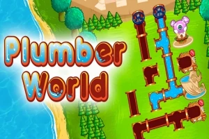 Textul Plumber World pe fundal cu țevi albastre și roșii, apă curgătoare și o creatură roz