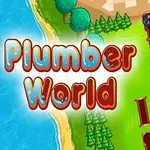 Textul Plumber World pe fundal cu țevi albastre și roșii, apă curgătoare și o creatură roz