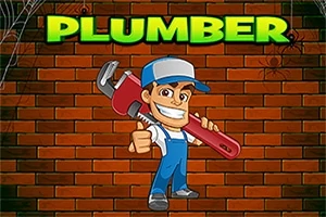 Personaj desenat în salopetă albastră și șapcă ținând o cheie, pe fundal de zidărie cărămizie, cu textul PLUMBER deasupra