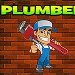 Personaj desenat în salopetă albastră și șapcă ținând o cheie, pe fundal de zidărie cărămizie, cu textul PLUMBER deasupra