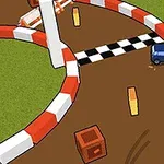 Circuit cu mașinuțe de jucărie care parcurg o pistă cu margini roșii și albe și cu obstacole sub formă de blocuri