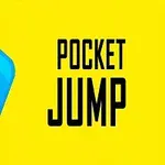 Un cub albastru cu față zâmbitoare pe un fundal galben cu textul Pocket Jump în partea dreaptă
