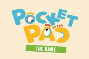 Siglă colorată cu text stilizat și animat, având cuvintele Pocket Pac în culori albastru și portocaliu, deasupra unei benzi verzi cu textul The Game