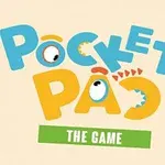 Siglă colorată cu text stilizat și animat, având cuvintele Pocket Pac în culori albastru și portocaliu, deasupra unei benzi verzi cu textul The Game