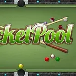 Masa de biliard cu tacuri încrucișate și bile colorate, având textul Pocket Pool în centru
