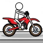 Desen simplu cu un personaj stickman pe o motocicletă roșie, pe o platformă gri