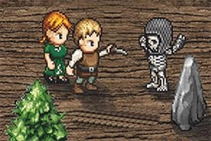 Doi personaje în stil pixel art confruntă un schelet în fața unui peisaj cu un copac și o stâncă