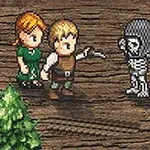 Doi personaje în stil pixel art confruntă un schelet în fața unui peisaj cu un copac și o stâncă