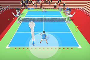 Teren de tenis cu jucători, tribune și mingi împrăștiate, văzut dintr-o perspectivă de sus