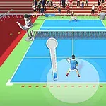 Teren de tenis cu jucători, tribune și mingi împrăștiate, văzut dintr-o perspectivă de sus