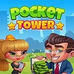 Două personaje animate lângă o clădire modernă și cuvântul POCKET TOWER deasupra
