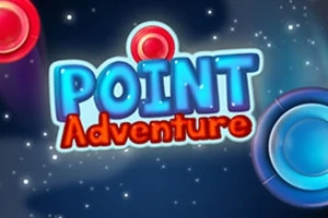 Text albastru și roșu Point Adventure pe un fundal spațial cu cercuri colorate