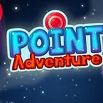 Text albastru și roșu Point Adventure pe un fundal spațial cu cercuri colorate