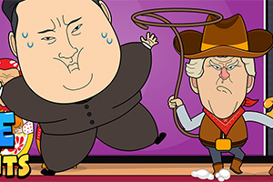 Un personaj în costum închis la culoare și un cowboy cu un lasou pe fond mov