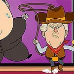 Un personaj în costum închis la culoare și un cowboy cu un lasou pe fond mov