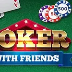Cărți de joc și jetoane colorate pe un fundal verde, cu textul „POKER WITH FRIENDS”