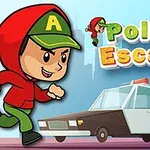 Personaj animat cu hanorac roșu și șapcă verde alergând lângă o mașină de poliție stilizată, cu titlul Police Escape
