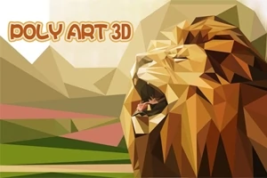 Leu stilizat în artă poligonală 3D, având un fundal de peisaj geometric și textul Poly Art 3D în colțul stânga sus