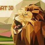 Leu stilizat în artă poligonală 3D, având un fundal de peisaj geometric și textul Poly Art 3D în colțul stânga sus