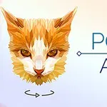 Ilustrație poligonală a capului unei pisici, la stânga textului “POLY ART” pe un fundal degradé