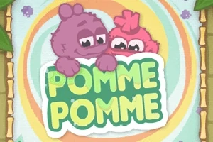 Două creaturi drăguțe, una mov și alta roz, privesc deasupra unui semn pe care scrie Pomme Pomme
