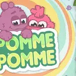 Două creaturi drăguțe, una mov și alta roz, privesc deasupra unui semn pe care scrie Pomme Pomme