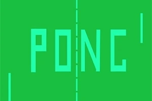 Ecran verde cu litere mari „PONG” și linii verticale subțiri de-a lungul marginilor și în centru