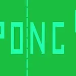 Ecran verde cu litere mari „PONG” și linii verticale subțiri de-a lungul marginilor și în centru