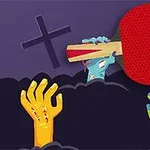 Pongie Mâini colorate de zombie ies dintr-un nor întunecat, una ținând o paletă de ping-pong