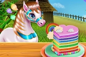 Un unicorn colorat lângă un tort cu straturi curcubeu pe o masă de lemn, cu fundal de iarbă și un gard