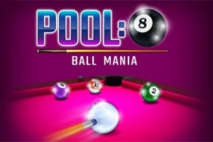 Bile de biliard pe o masă de joc roz cu textul „Pool: Ball Mania” deasupra