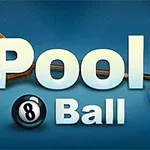 Textul Pool Ball suprapus pe un fundal albastru cu bile de biliard verzi, negre și albastre și un triunghi de lemn