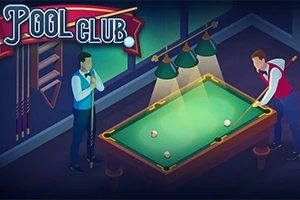 Doi bărbați joacă biliard într-o cameră luminată cu mese și tacuri, având un banner cu textul „Pool Club” în partea de sus