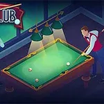 Doi bărbați joacă biliard într-o cameră luminată cu mese și tacuri, având un banner cu textul „Pool Club” în partea de sus