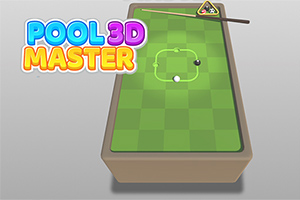 Masa de biliard tridimensională cu tac și bile albe și negre, pe un fundal verde și logo colorat Pool 3D Master