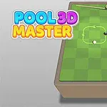 Masa de biliard tridimensională cu tac și bile albe și negre, pe un fundal verde și logo colorat Pool 3D Master