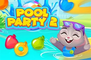 Imaginea prezintă un personaj animat, un iepuraș zâmbitor cu ochelari de soare, într-o piscină, înconjurat de forme colorate și un design vibrant de petrecere la piscină