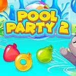 Imaginea prezintă un personaj animat, un iepuraș zâmbitor cu ochelari de soare, într-o piscină, înconjurat de forme colorate și un design vibrant de petrecere la piscină
