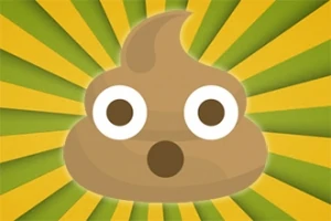 Emoji maro cu două ochi mari și gură surprinsă pe un fundal cu dungi galbene și verzi